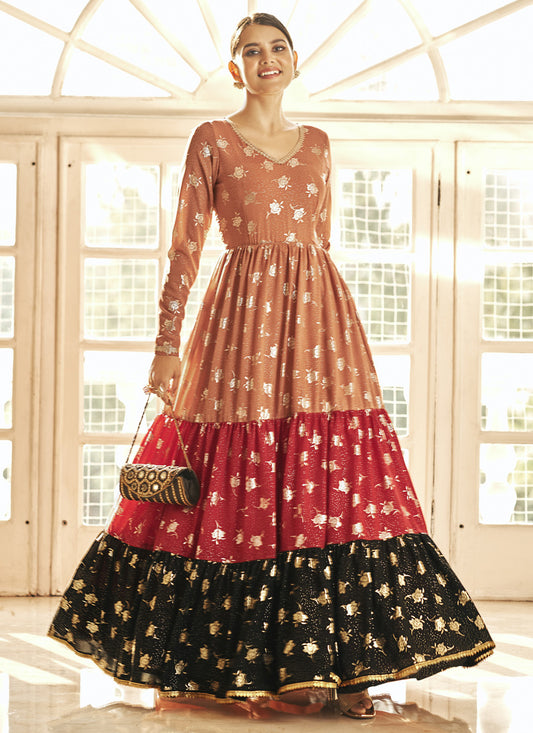 Orange and Red Georgette Anarkali Long Gown