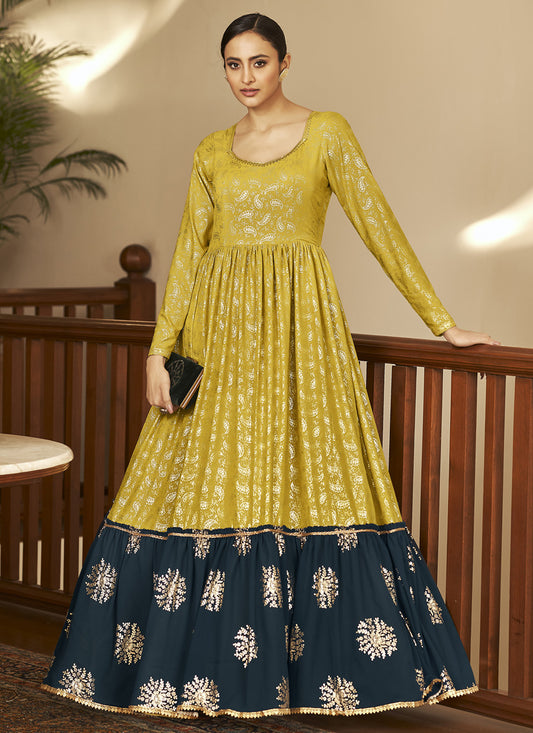 Green and Blue Georgette Anarkali Long Gown