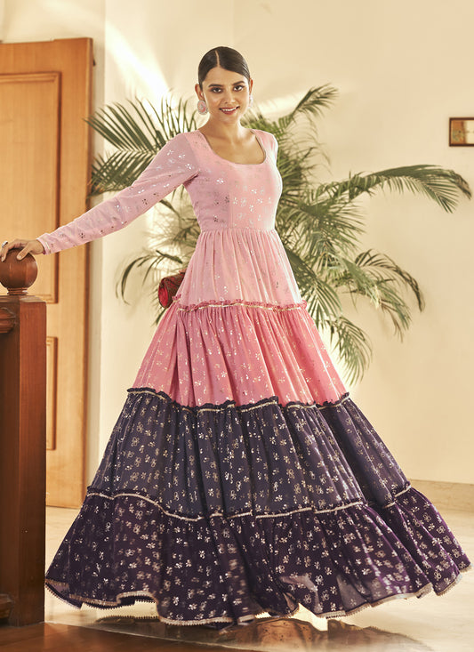 Pink and Plum Georgette Anarkali Long Gown