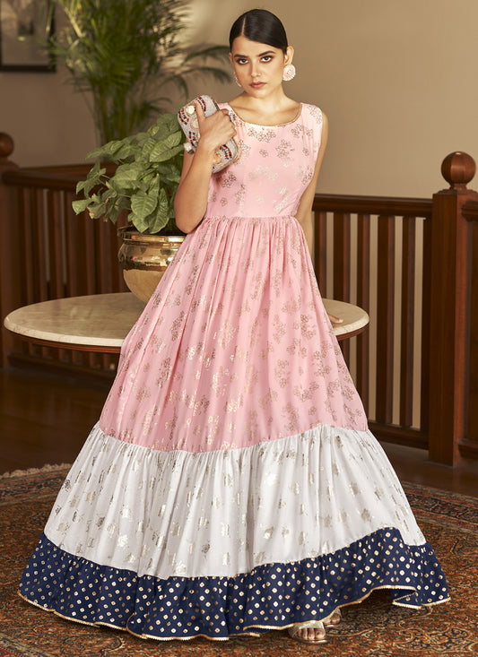 Pink and White Georgette Anarkali Long Gown