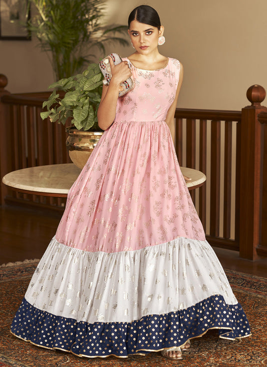 Pink and White Georgette Ready Made Anarkali Long Gown