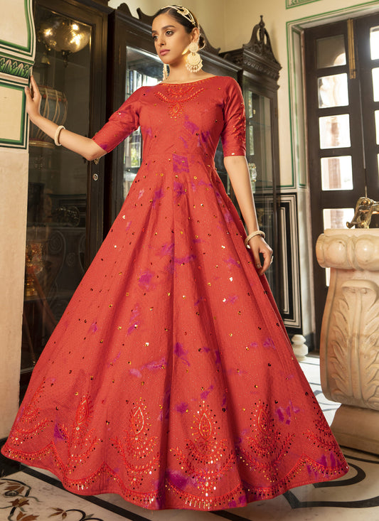 Flame Orange Cotton Embroidered Gown