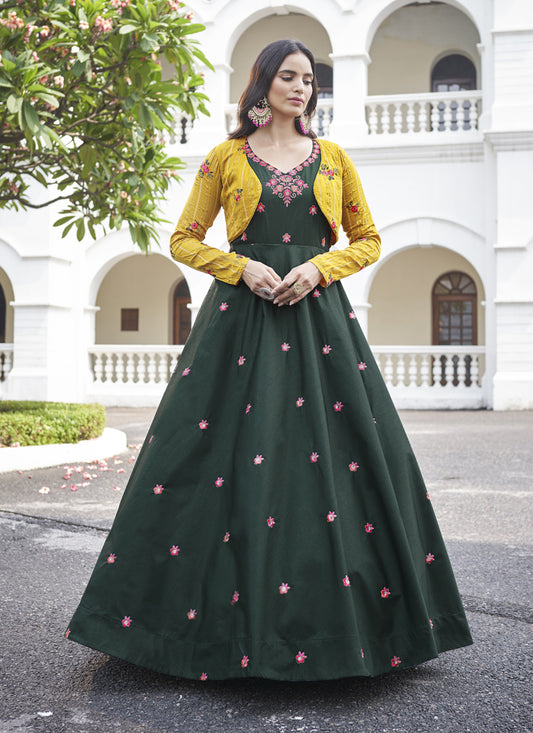 Pine Green Cotton Embroidered Gown with Jacket