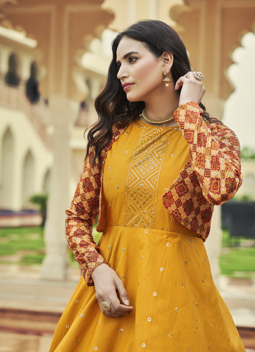 Mustard Yellow Cotton Embroidered Gown with Jacket