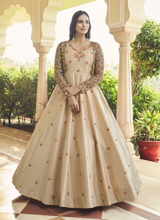 Beige Cotton Embroidered Gown with Jacket
