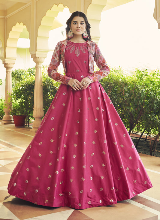 Rani Pink Cotton Embroidered Gown with Jacket