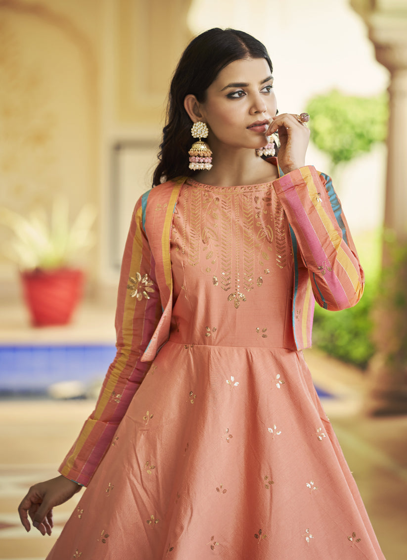 Peach Cotton Embroidered Gown with Jacket