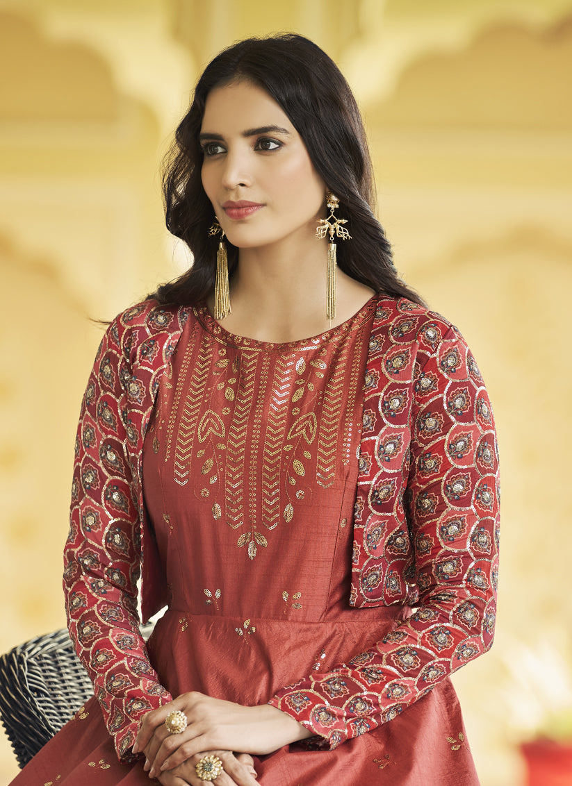 Cantaloupe Cotton Embroidered Gown with Jacket