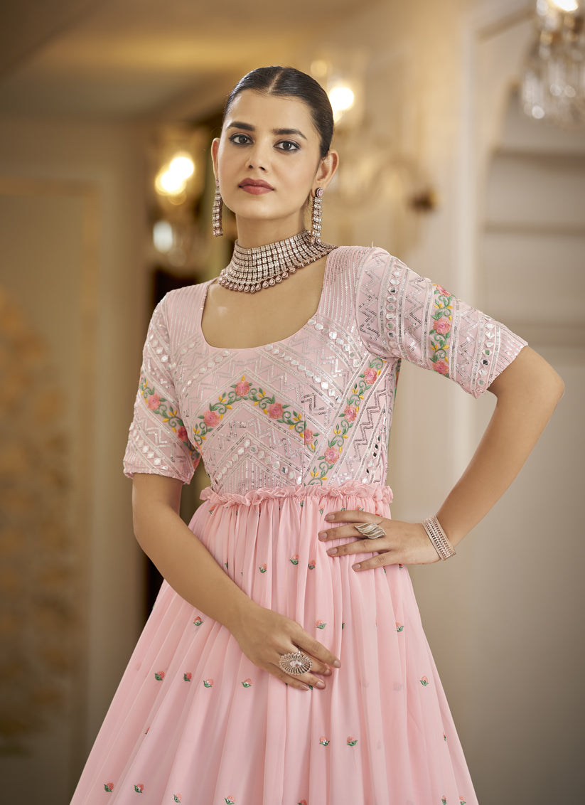 Rose Pink Georgette Embroidered Gown