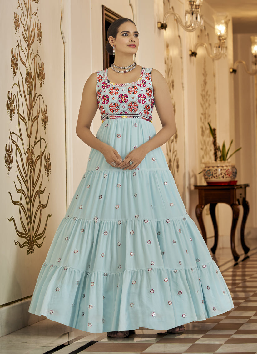 Ice Blue Georgette Embroidered Gown