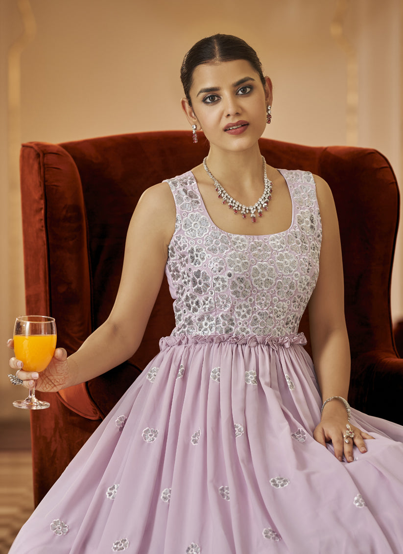 Lilac Pink Georgette Embroidered Ready Made Gown