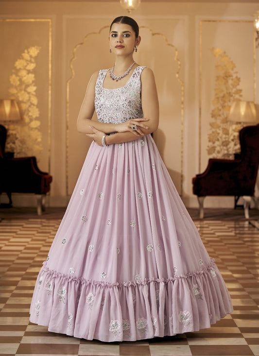 Lilac Pink Georgette Embroidered Ready Made Gown