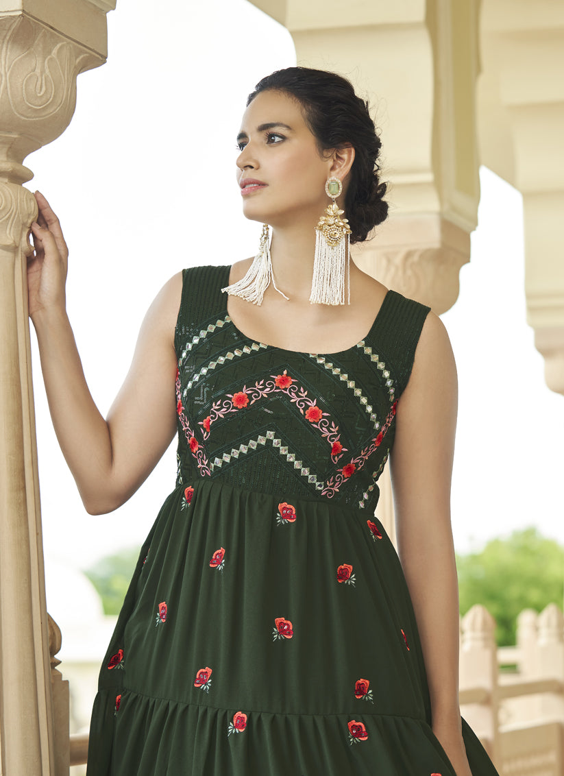 Bottle Green Georgette Embroidered Gown
