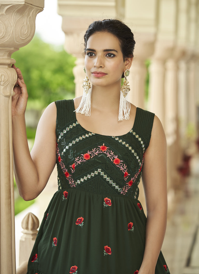 Bottle Green Georgette Embroidered Gown