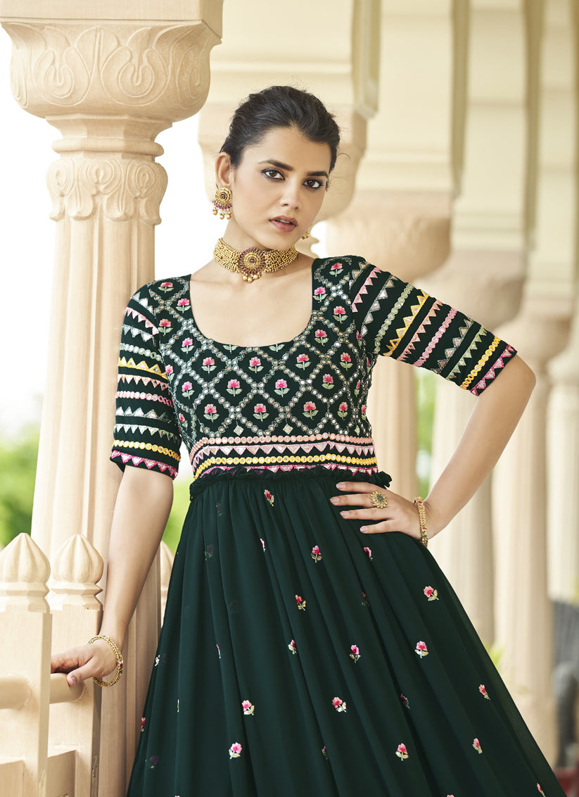 Pine Green Georgette Embroidered Readymade Gown