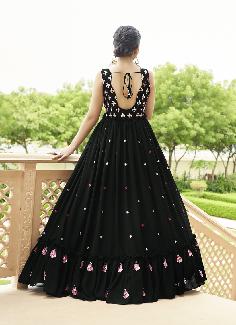 Black Georgette Embroidered Ready Made Gown