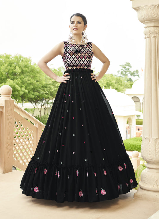 Black Georgette Embroidered Ready Made Gown