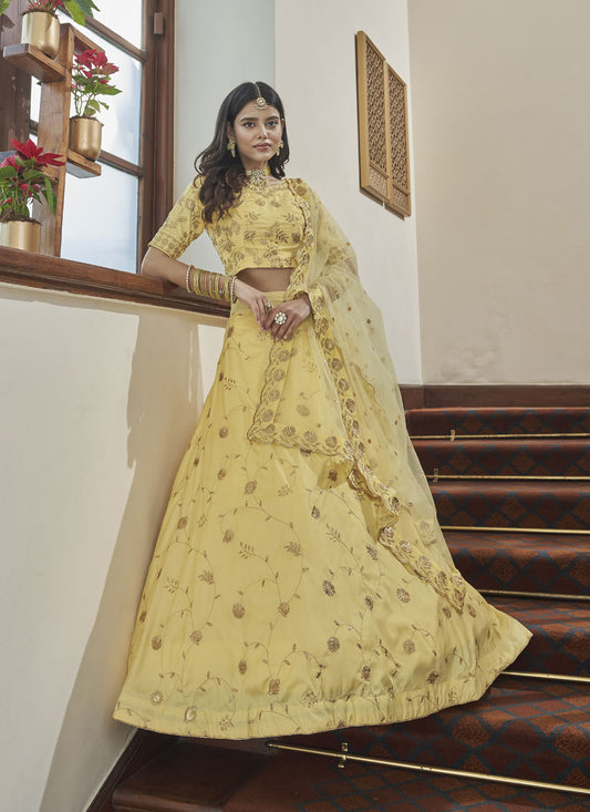 Pastel Yellow Art Silk Embroidered Wedding Lehenga Choli