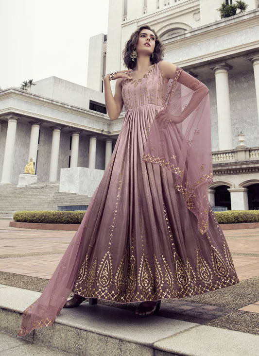 Rose Taupe Chinnon Embroidered Gown with Dupatta