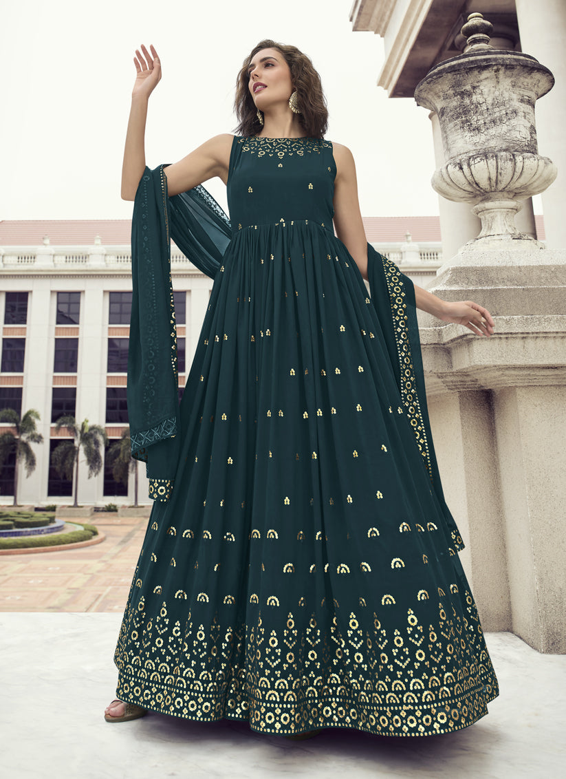 Peacock Blue Georgette Embroidered Gown with Dupatta