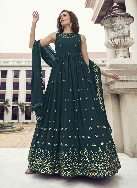 Peacock Blue Georgette Embroidered Gown with Dupatta