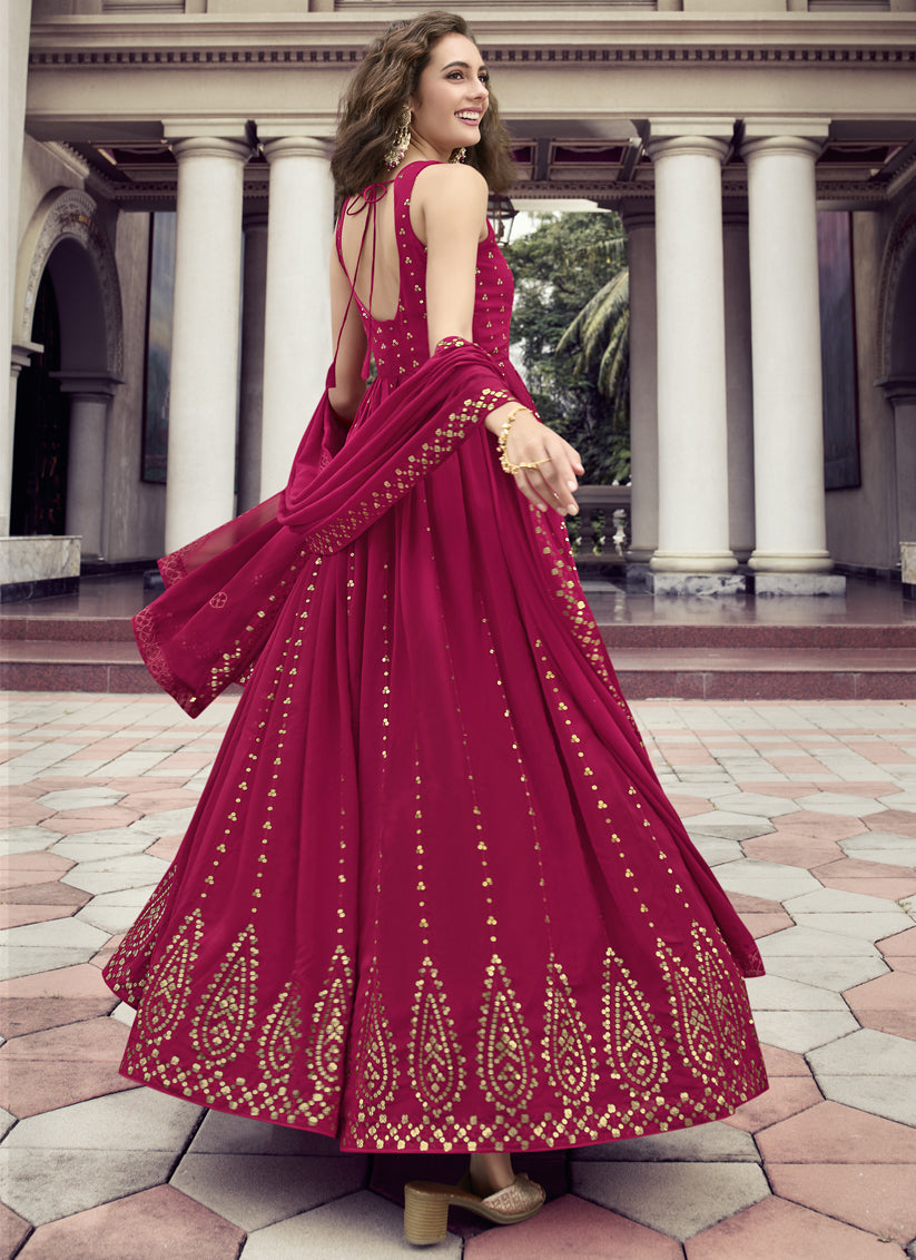 Raspberry Pink Georgette Embroidered Gown with Dupatta