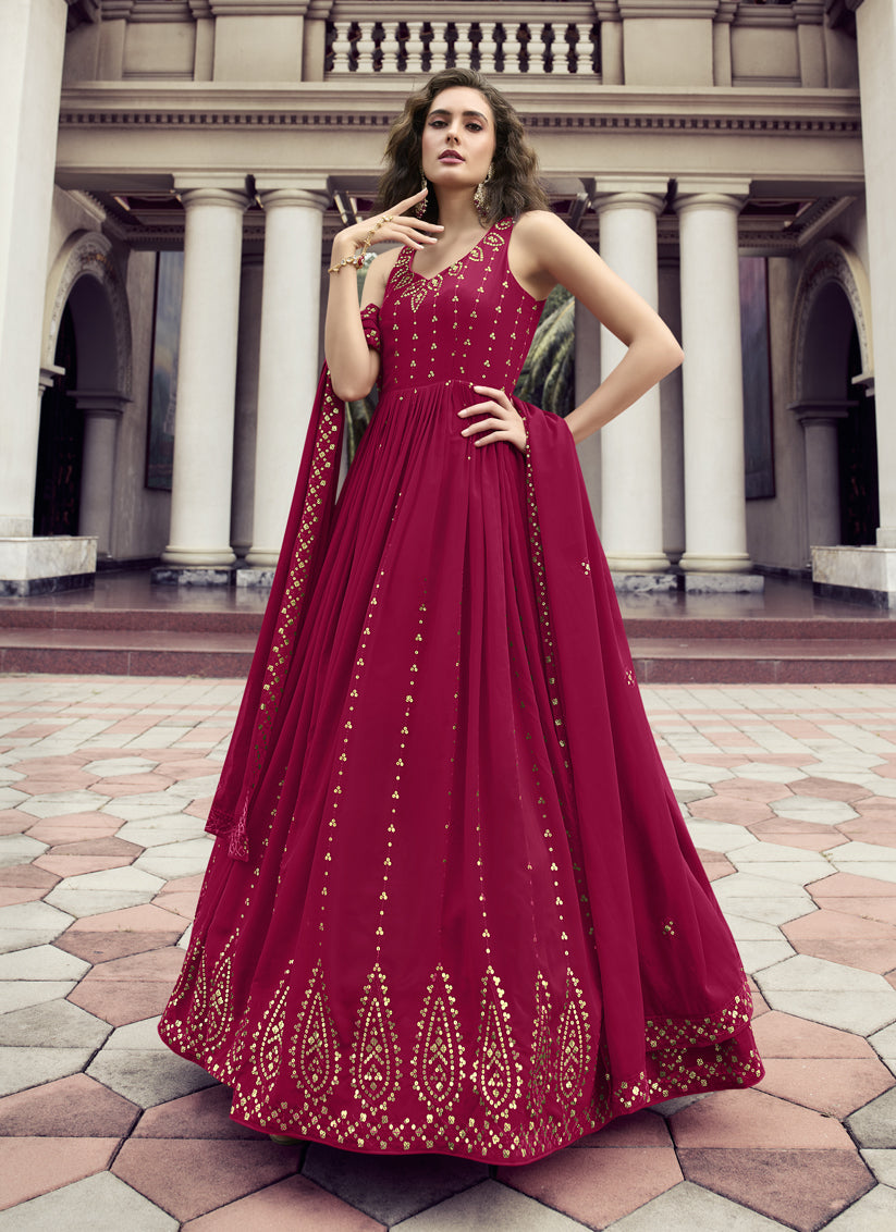 Raspberry Pink Georgette Embroidered Gown with Dupatta