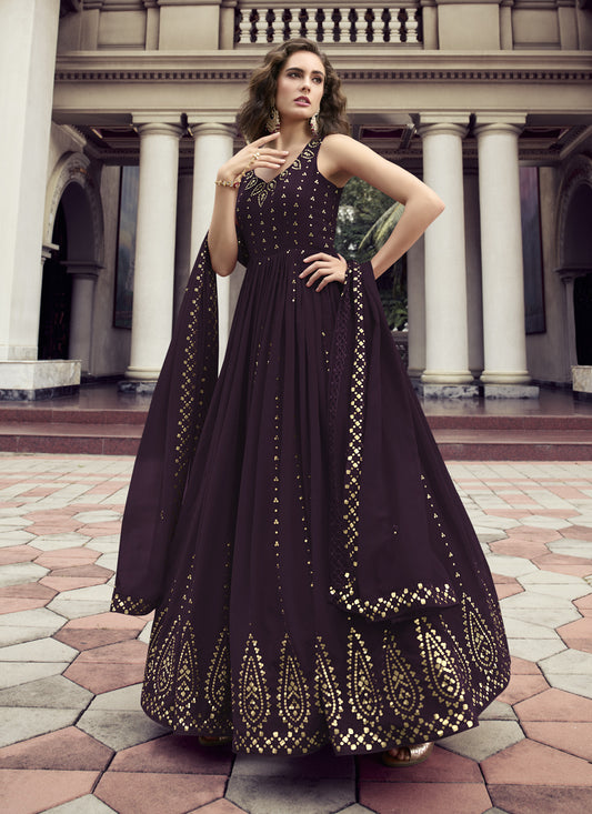 Burgundy Georgette Embroidered Gown with Dupatta