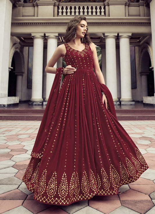 Maroon Georgette Embroidered Gown with Dupatta