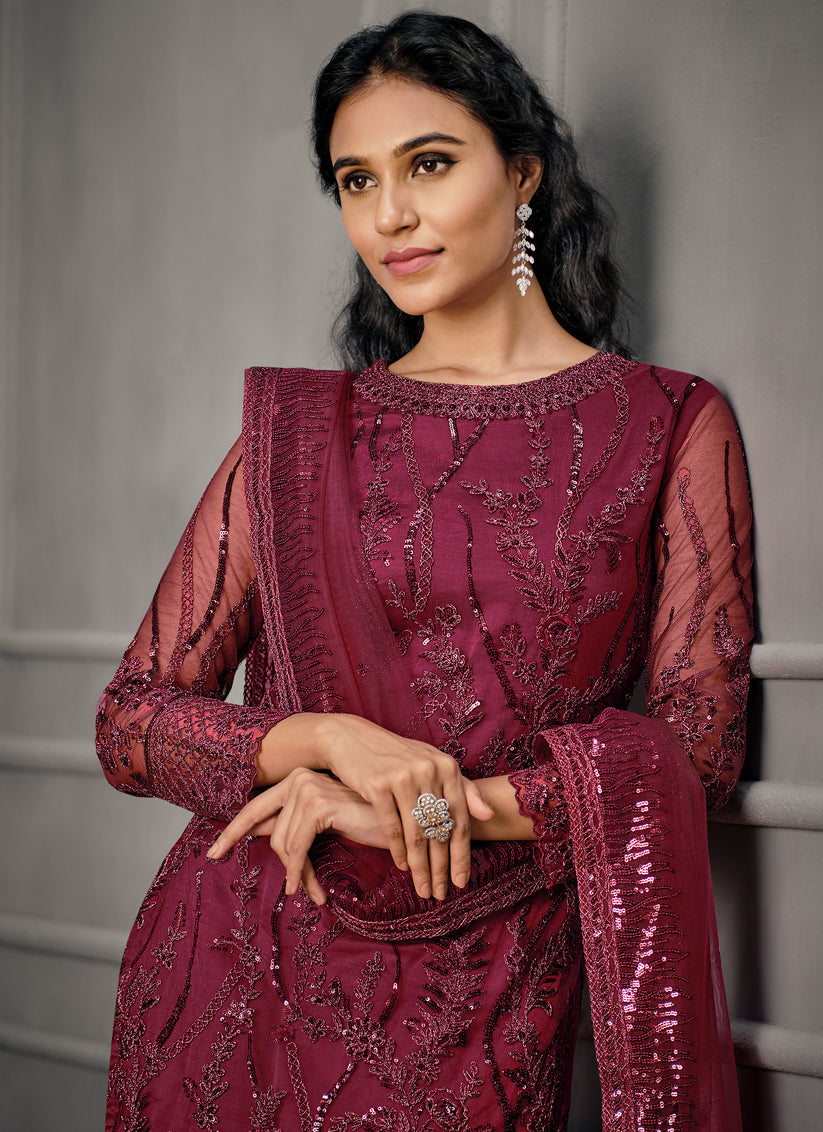 Maroon Net Embroidered Designer Pant Kameez