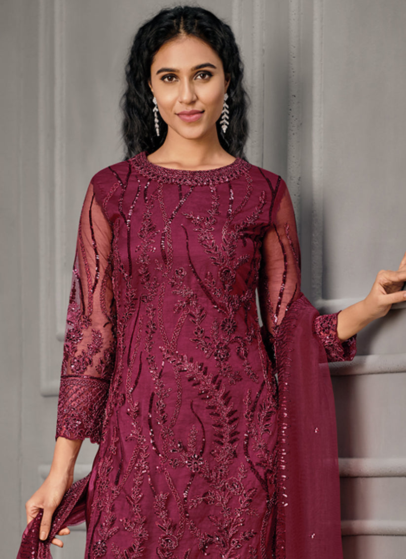 Maroon Net Embroidered Designer Pant Kameez