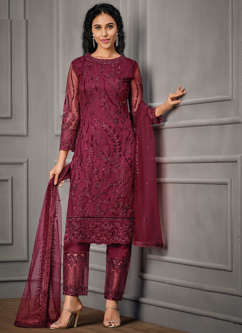 Maroon Net Embroidered Designer Pant Kameez