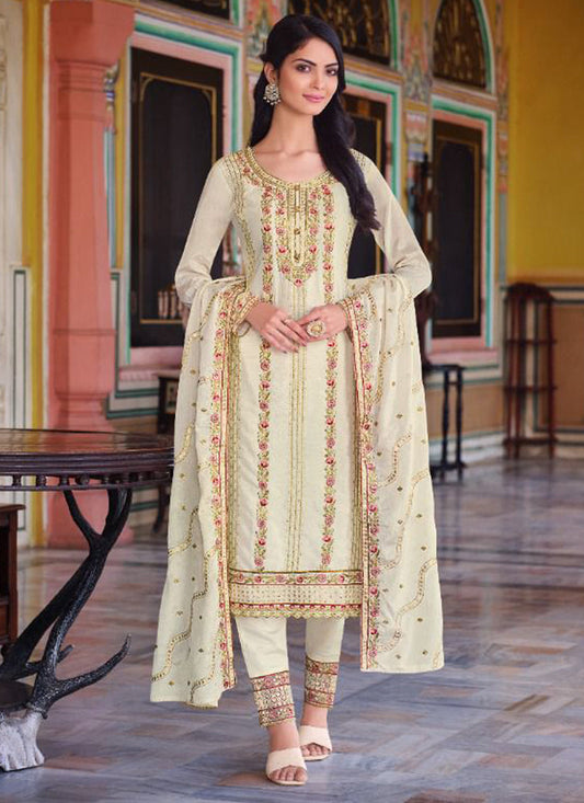 Ivory Chinnon Embroidered Ready Made Pant Kameez