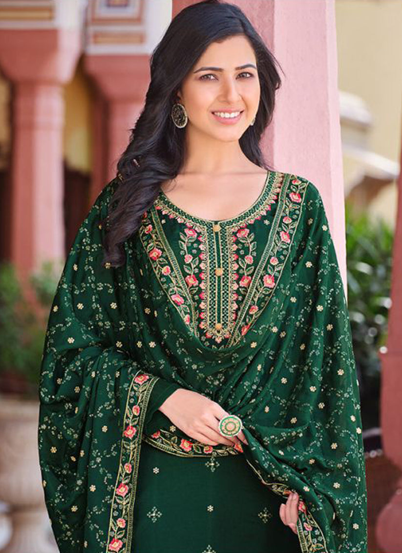 Pine Green Chinnon Embroidered Ready Made Pant Kameez