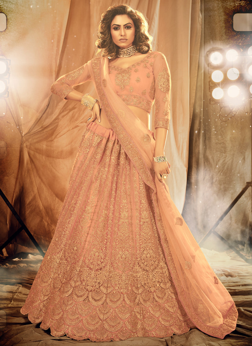 Peach Net Heavy Embroidered Wedding Lehenga Choli