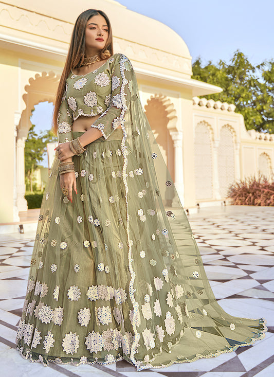 Sage Green Net Embroidered Wedding Lehenga Choli