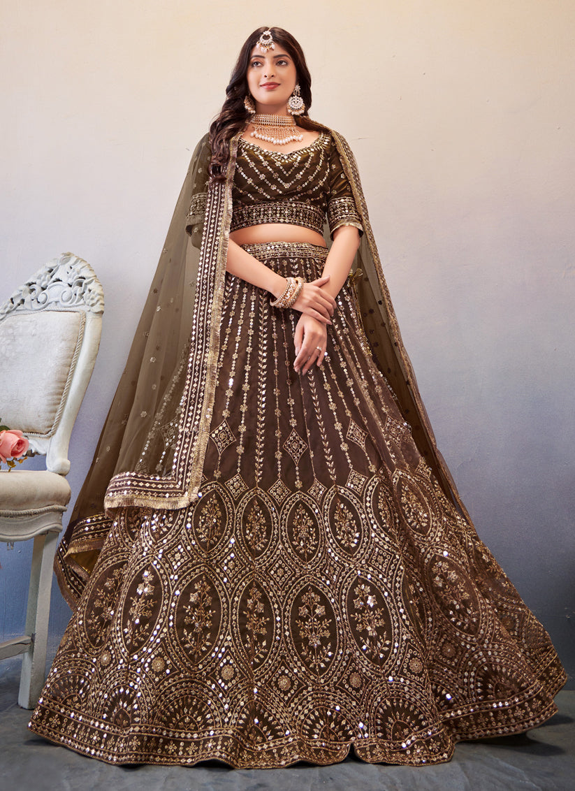 Coffee Brown Net Sequins Designer Lehenga Choli