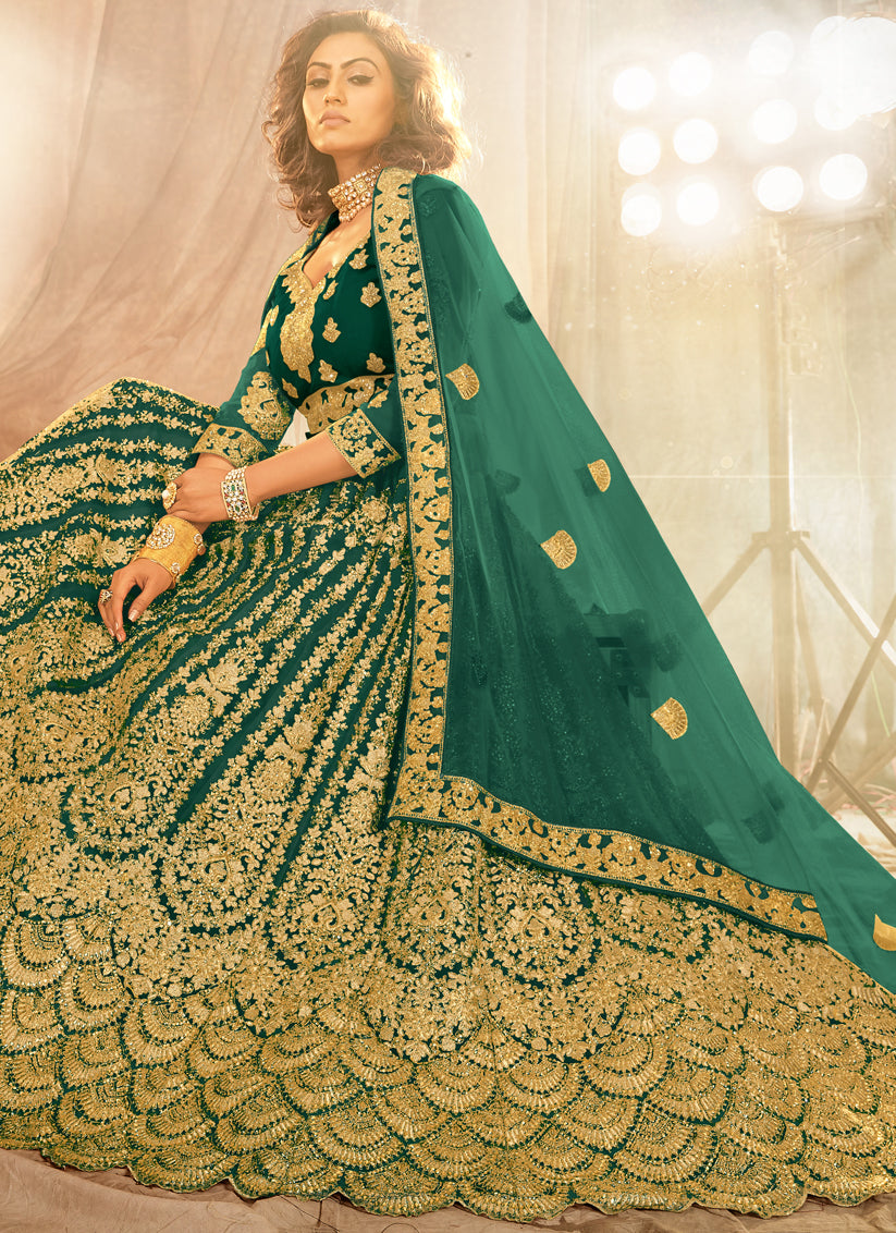 Pine Green Net Heavy Embroidered Wedding Lehenga Choli