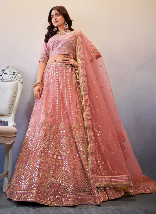Carnation Pink Net Sequins Designer Lehenga Choli