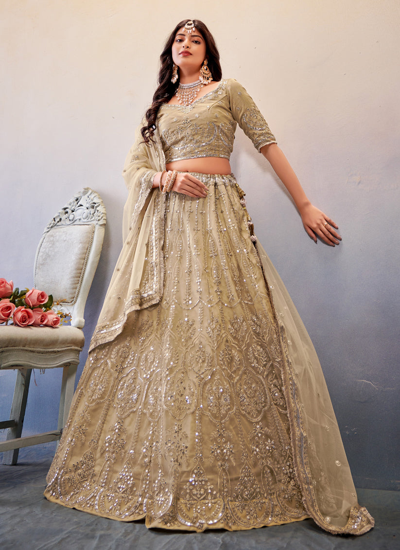 Beige Net Sequins Designer Lehenga Choli