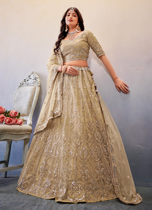 Beige Net Sequins Designer Lehenga Choli