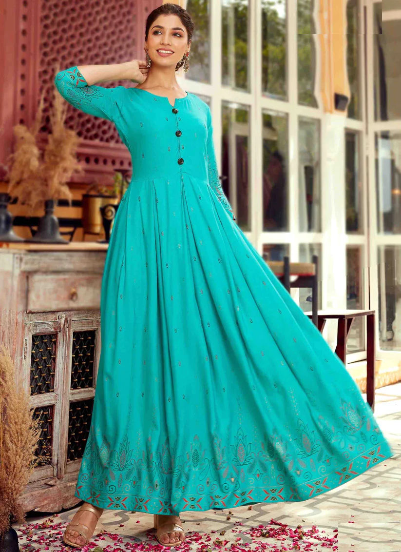 Rama Green Rayon Printed Ready Made Long Gown Style Kurti