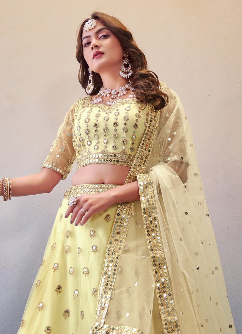 Cream Net Sequins Designer Lehenga Choli