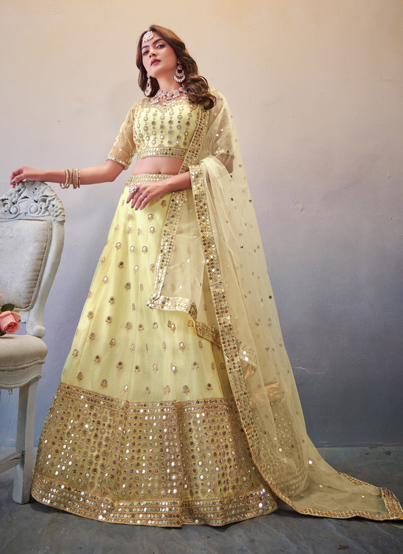 Cream Net Sequins Designer Lehenga Choli