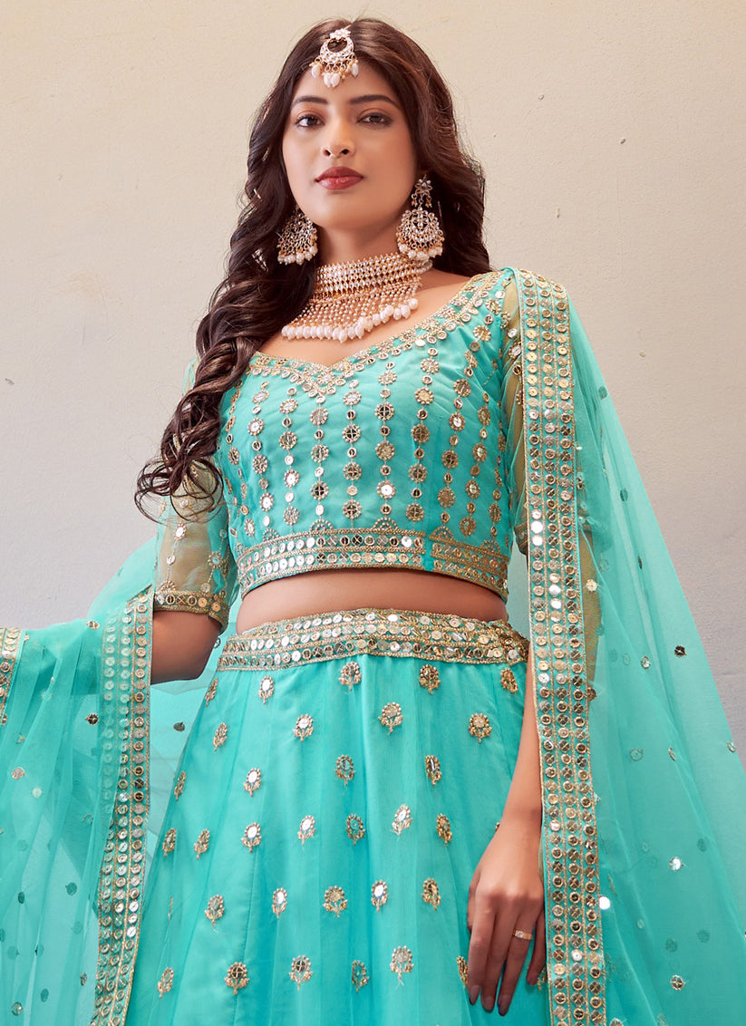 Aqua Blue Net Sequins Designer Lehenga Choli