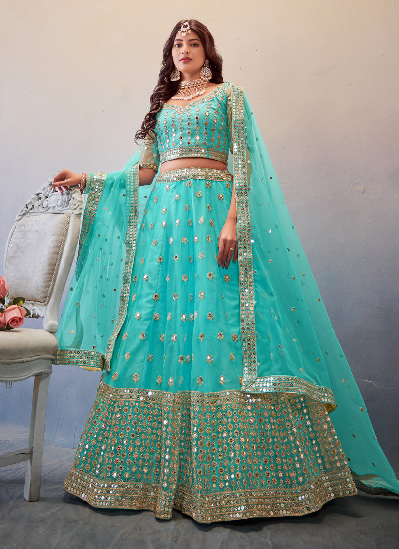 Aqua Blue Net Sequins Designer Lehenga Choli