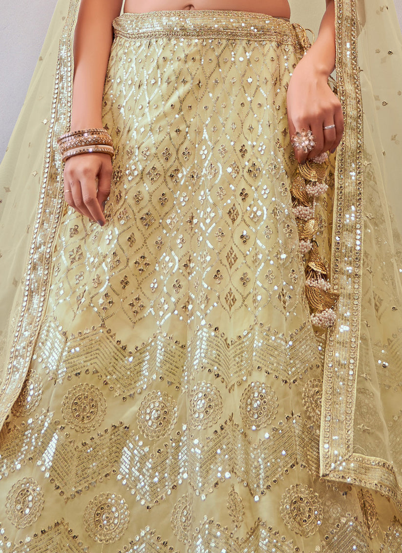 Cream Net Sequins Designer Lehenga Choli