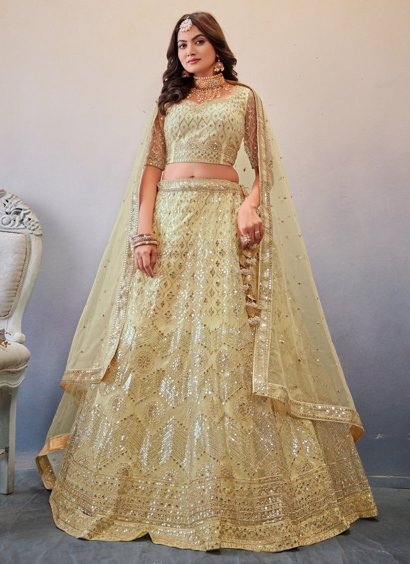 Cream Net Sequins Designer Lehenga Choli