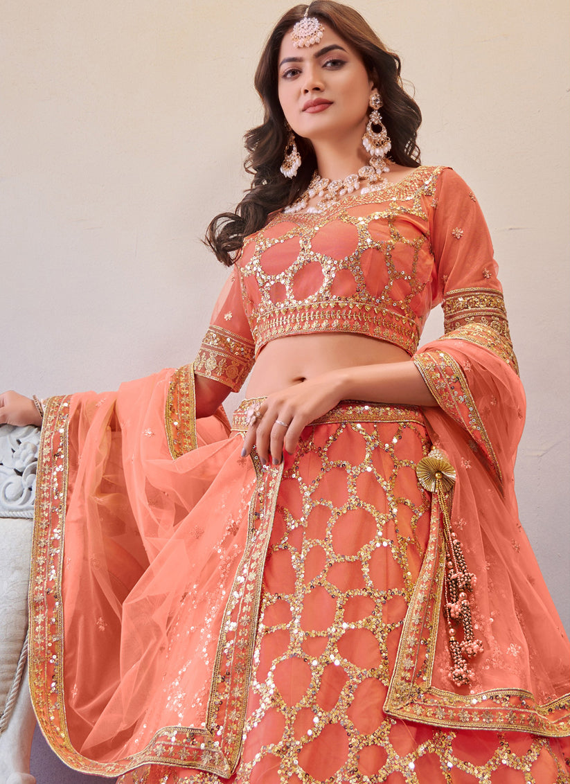 Peach Net Sequins Designer Lehenga Choli