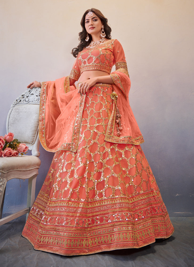 Peach Net Sequins Designer Lehenga Choli